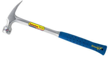 A steel claw hammer with a blue rubber grip and a shiny metallic head, designed for driving nails and pulling them out.