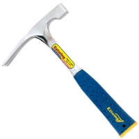 A claw hammer with a shiny metal head and a blue rubber grip handle.
