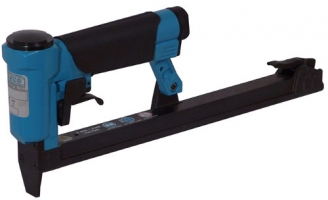 A blue and black pneumatic staple gun with a trigger and long handle, designed for fastening materials together.