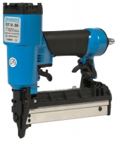 A blue and black pneumatic nail gun with a metal base and trigger, designed for fastening materials in construction and woodworking.