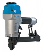 A pneumatic nail gun with a blue and silver design, featuring a textured grip and a magazine for loading nails.