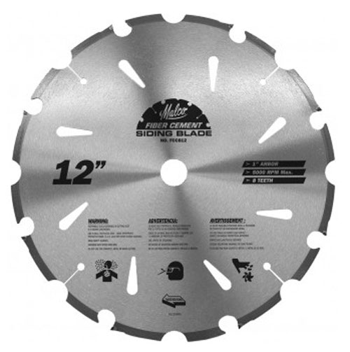 A 12-inch fiber cement siding blade featuring multiple teeth and safety warnings, designed for cutting fiber cement materials.