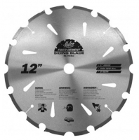 12-inch diamond blade for cutting concrete, featuring multiple cutting teeth and safety instructions.