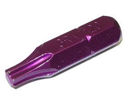Close-up of a purple T20 screwdriver bit with a shiny finish.