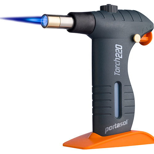 A portable gas torch with a blue flame, featuring a control knob and stand, designed for various heating applications.