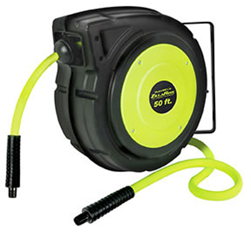 A retractable air hose reel with a 50-foot bright yellow air hose, mounted on a black case.
