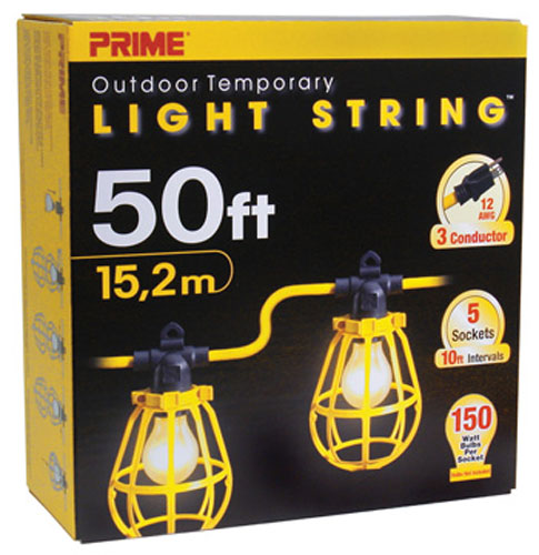 Box of Prime outdoor temporary light string, 50 feet long with 5 sockets and 150 watt capacity.