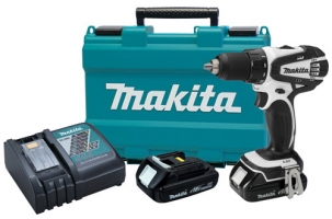 Makita cordless drill set including drill, battery charger, two batteries, and carrying case.