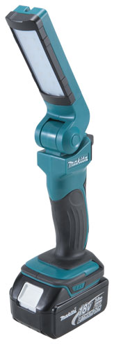 A portable Makita LED work light with a flexible head and ergonomic handle, featuring a rechargeable battery.