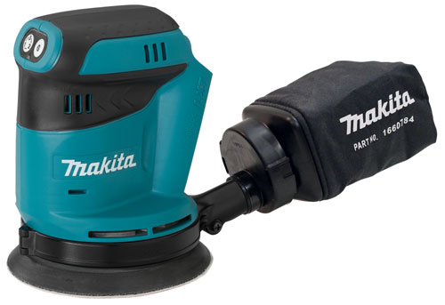 Makita random orbital sander with dust bag attached