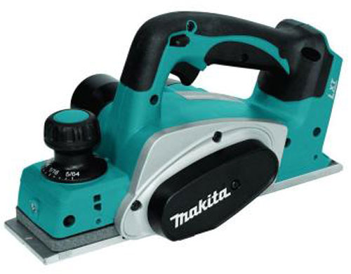 A Makita electric planer featuring a turquoise and black design, adjustable depth control knob, and a flat base.