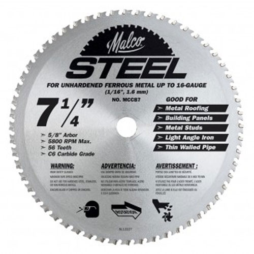 A 7 1/4 inch circular saw blade designed for cutting unhardened ferrous metal up to 16-gauge, featuring 56 teeth and a 5/8-inch arbor. It lists applications including metal roofing and building panels.