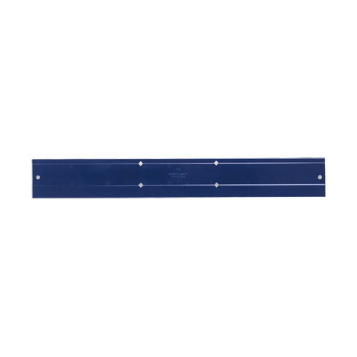 A blue tool ruler with markings and holes for measurements and alignment.