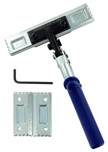 A window cleaning tool featuring a squeegee head with a blue handle, accompanied by two metal blade holders and an Allen wrench.