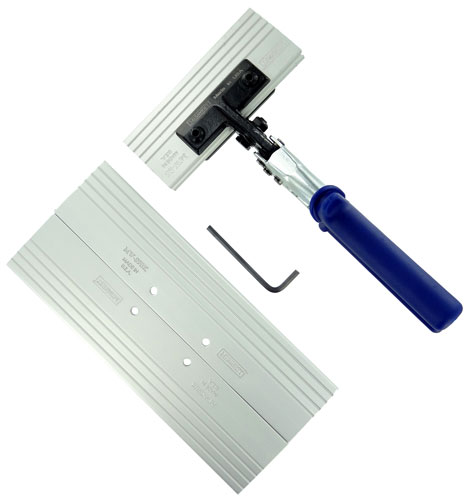 A metal trowel with a blue handle and an adjustable screw mechanism, accompanied by two interchangeable flat blades.