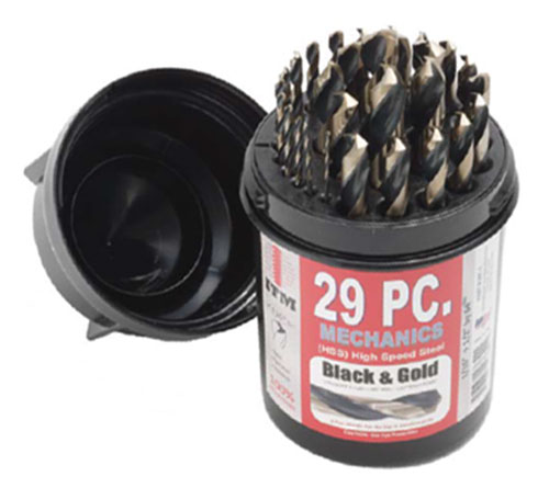 A canister containing 29 pieces of high-speed steel drill bits, featuring a black and gold design, viewed from an angle showing the open top with bits displayed.