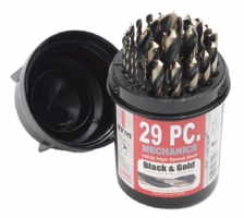 A container of 29 high-speed drill bits, featuring a black and gold design, with the lid partially open to reveal the bits inside.
