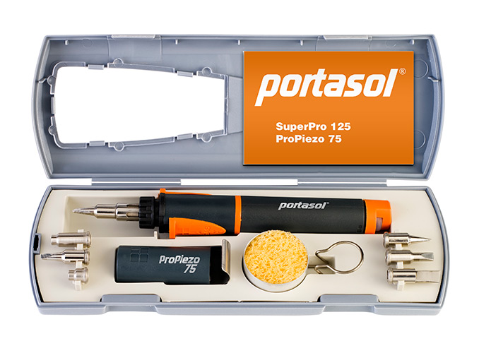 Portasol soldering kit featuring SuperPro 125 and ProPiezo 75, including various tips and accessories in a protective case.