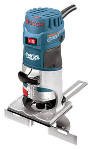 Bosch Colt plunge router with a blue and gray body, featuring adjustable speed settings and a metal base for woodworking.