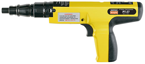 A yellow and black pneumatic tool, resembling a gun, designed for fastening applications.
