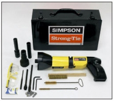 Tools and equipment from Simpson Strong-Tie, including a yellow power tool, various sockets, screws, a pair of protective goggles, and a toolbox.