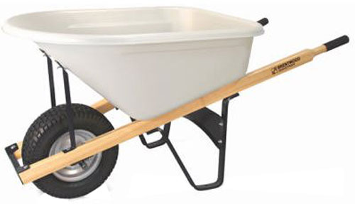 A white plastic wheelbarrow with wooden handles, mounted on a metal frame with a single wheel.