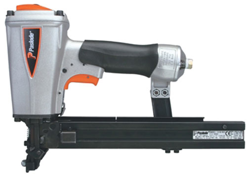 A pneumatic stapler designed for heavy-duty use, featuring a silver metal housing and a black grip handle.