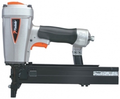 A silver and black pneumatic nail gun with an orange accent, suitable for fastening materials.