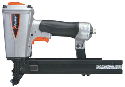 A pneumatic nail gun with an orange and silver design, featuring a textured black handle and a metal housing.