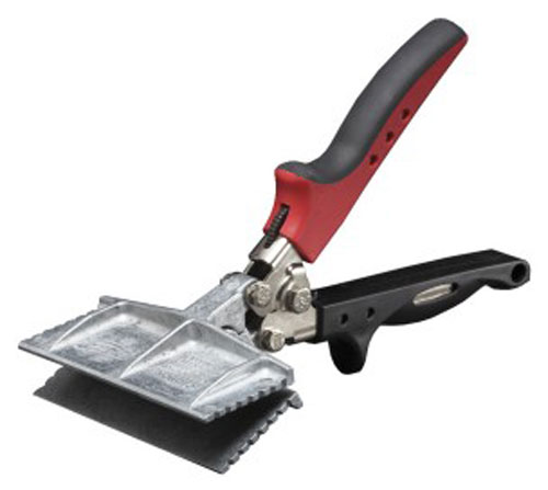 Metal roofing hand seamer tool with a red and black handle, designed for bending and shaping metal sheets.