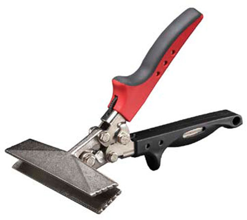 A metal hand tool with a red and black handle, designed for cutting or shaping materials, featuring a jagged edge on one side.