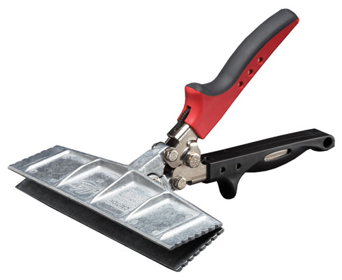 A metallic drywall taping knife with a red and black ergonomic handle designed for smoothing joints and seams in drywall finishing.