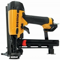A BOSTITCH pneumatic nail gun featuring a black and yellow design, designed for woodworking and construction tasks.