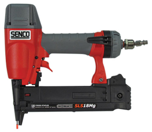 A Senco SLS18Mg pneumatic nail gun with a red and gray body, designed for fastening tasks.
