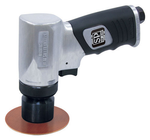 A pneumatic sander with a metallic body and black handle, featuring a circular sanding pad attachment.