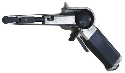 Side view of a silver and black tool resembling a firearm, with an open chamber and trigger mechanism.