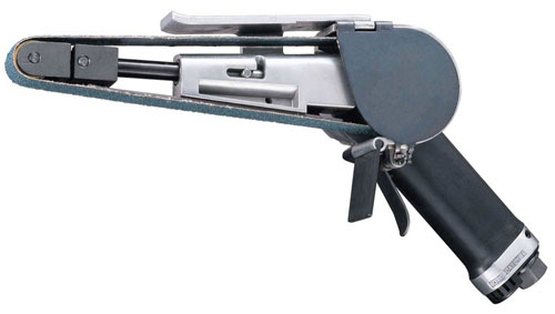 A side view of a mechanical sanding tool, featuring a tapered design with a handle and a sanding belt attached.