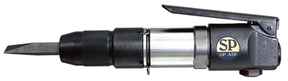 A pneumatic chisel tool with a silver metal body and black accents, featuring a pointed chisel tip.