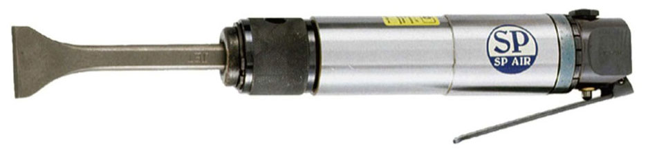A silver air-powered chisel tool with a flat blade tip, designed for cutting and shaping materials.