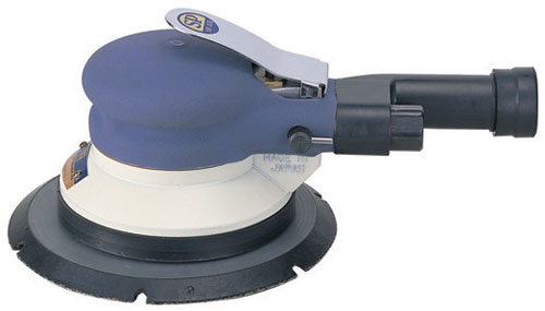 A close-up view of a pneumatic orbital sander with a blue and white body and a circular sanding pad.