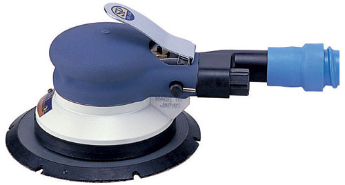 A blue and white pneumatic sander with a circular sanding pad and a hose attachment.