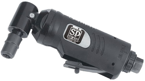 A black pneumatic angle sander with a logo, featuring a comfortable grip and an attachment at the end for sanding accessories.