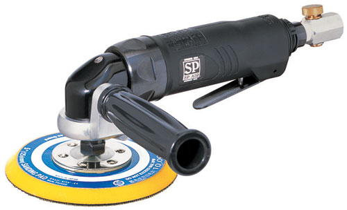 A pneumatic polisher with a circular pad, designed for automotive detailing and finishing work.