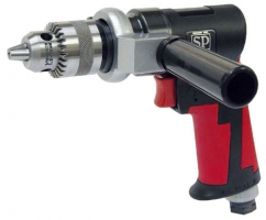A close-up view of an air drill with a black and red handle, featuring a metal chuck.