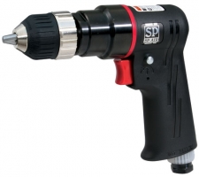 A black and silver electric drill with a trigger handle and adjustable chuck.