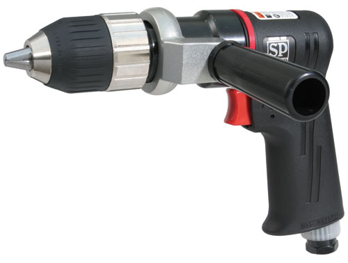 Close-up of a cordless electric drill with a black and silver design, featuring a keyless chuck and ergonomic handle.