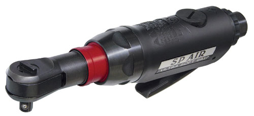 A black and red air ratchet tool with a sturdy design, featuring a rotating head and various control knobs, labeled 'SP AIR'.