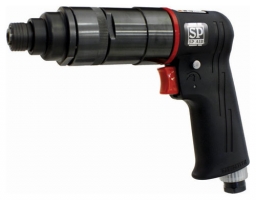 A black and red pneumatic screw gun with a cylindrical body and a trigger handle.