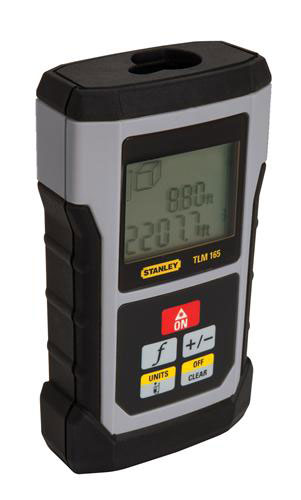 Stanley TLM 165 laser distance measurer with a digital display and buttons for measurement functions.