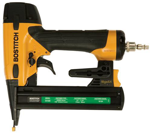 BOSTITCH pneumatic nail gun with yellow and black design, displaying the model number and specifications.